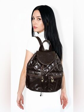 SIMARD Quilted Leather Backpack Brown Small Drawstring Flap Bag Women's